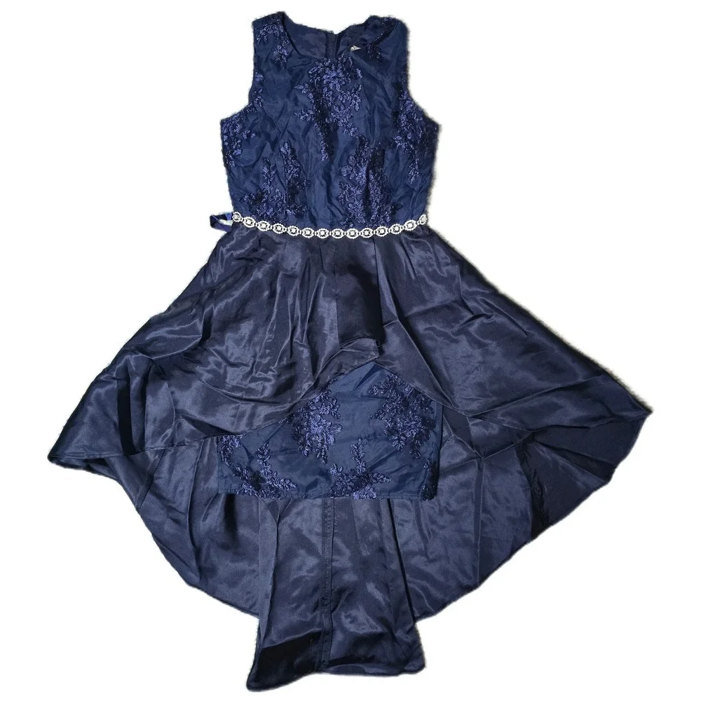 Girls Navy Blue Lace Overlay High Low Dress with Rhinestone Belt Special (AC)